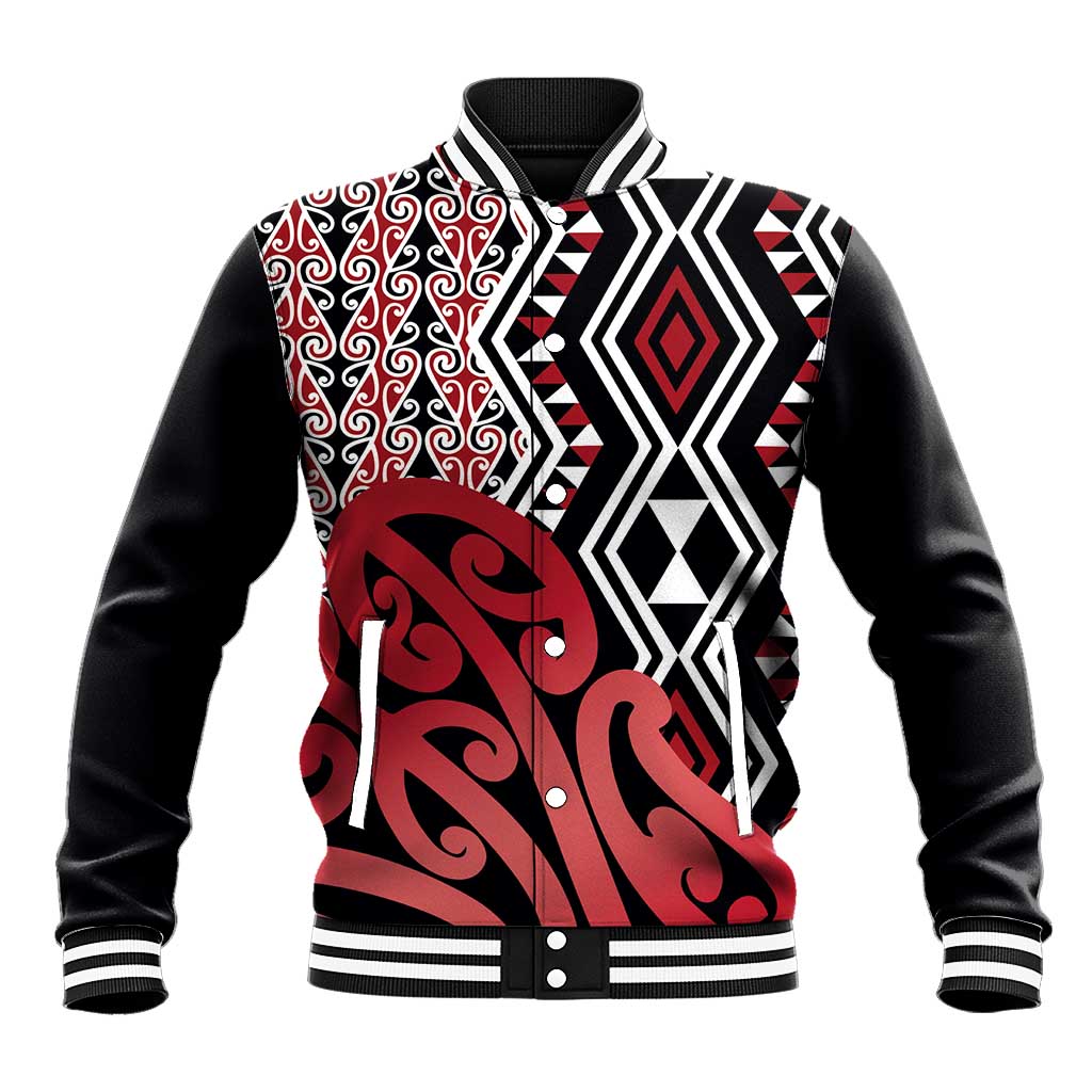 New Zealand Baseball Jacket Aotearoa Kowhaiwhai Mix Taniko Art - Red LT14 Unisex Red - Polynesian Pride
