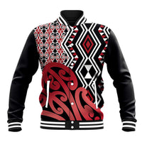 New Zealand Baseball Jacket Aotearoa Kowhaiwhai Mix Taniko Art - Red LT14 Unisex Red - Polynesian Pride