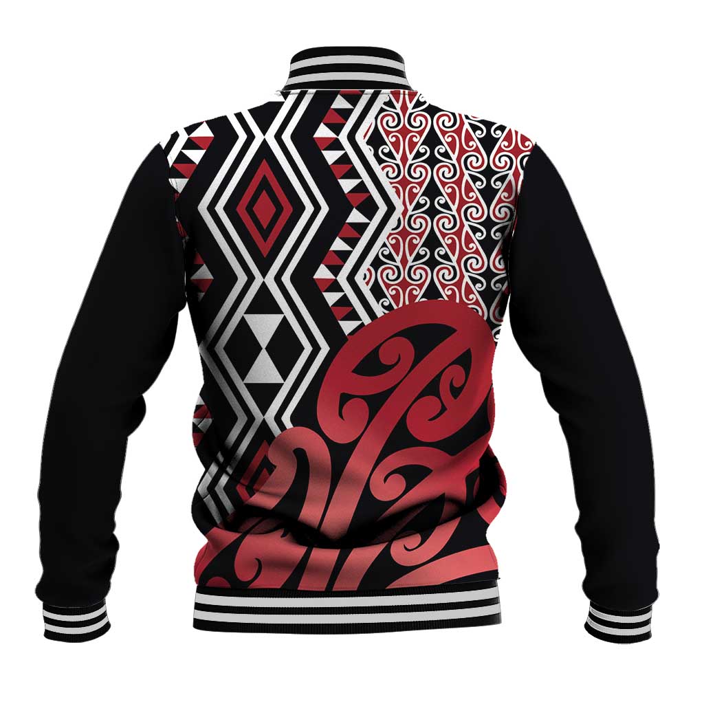 New Zealand Baseball Jacket Aotearoa Kowhaiwhai Mix Taniko Art - Red LT14 - Polynesian Pride