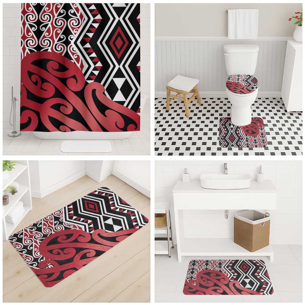 New Zealand Bathroom Set Aotearoa Kowhaiwhai Mix Taniko Art - Red - Polynesian Pride