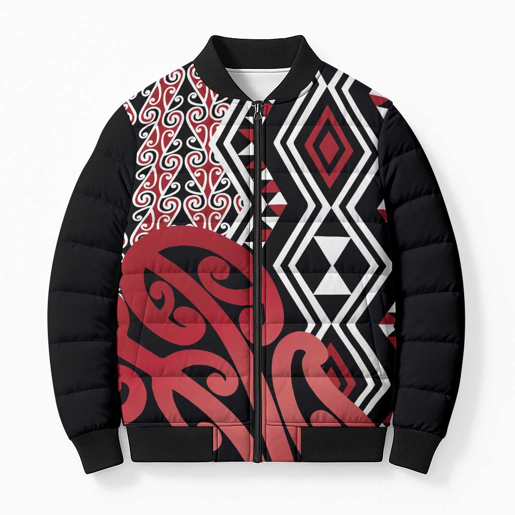 New Zealand Bomber Puffer Jacket Aotearoa Kowhaiwhai Mix Taniko Art - Red - Polynesian Pride