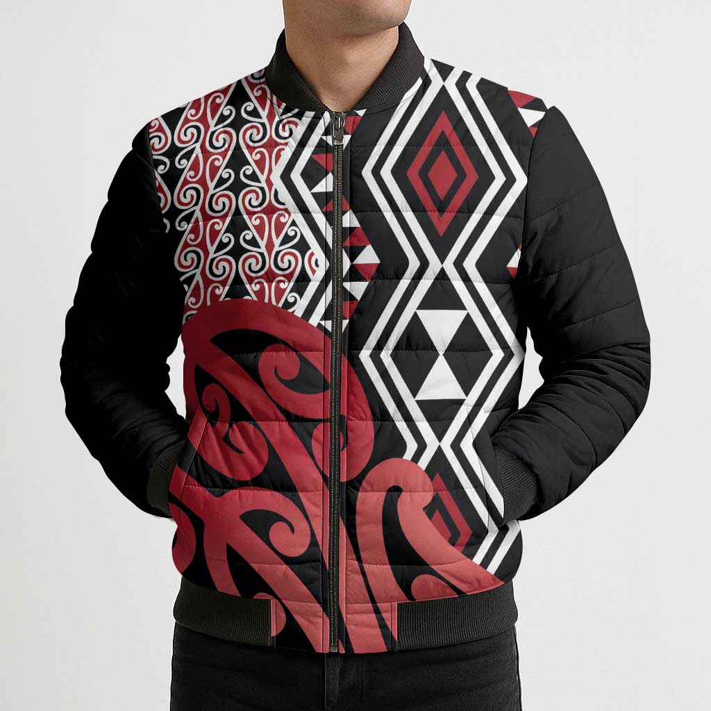 New Zealand Bomber Puffer Jacket Aotearoa Kowhaiwhai Mix Taniko Art - Red - Polynesian Pride