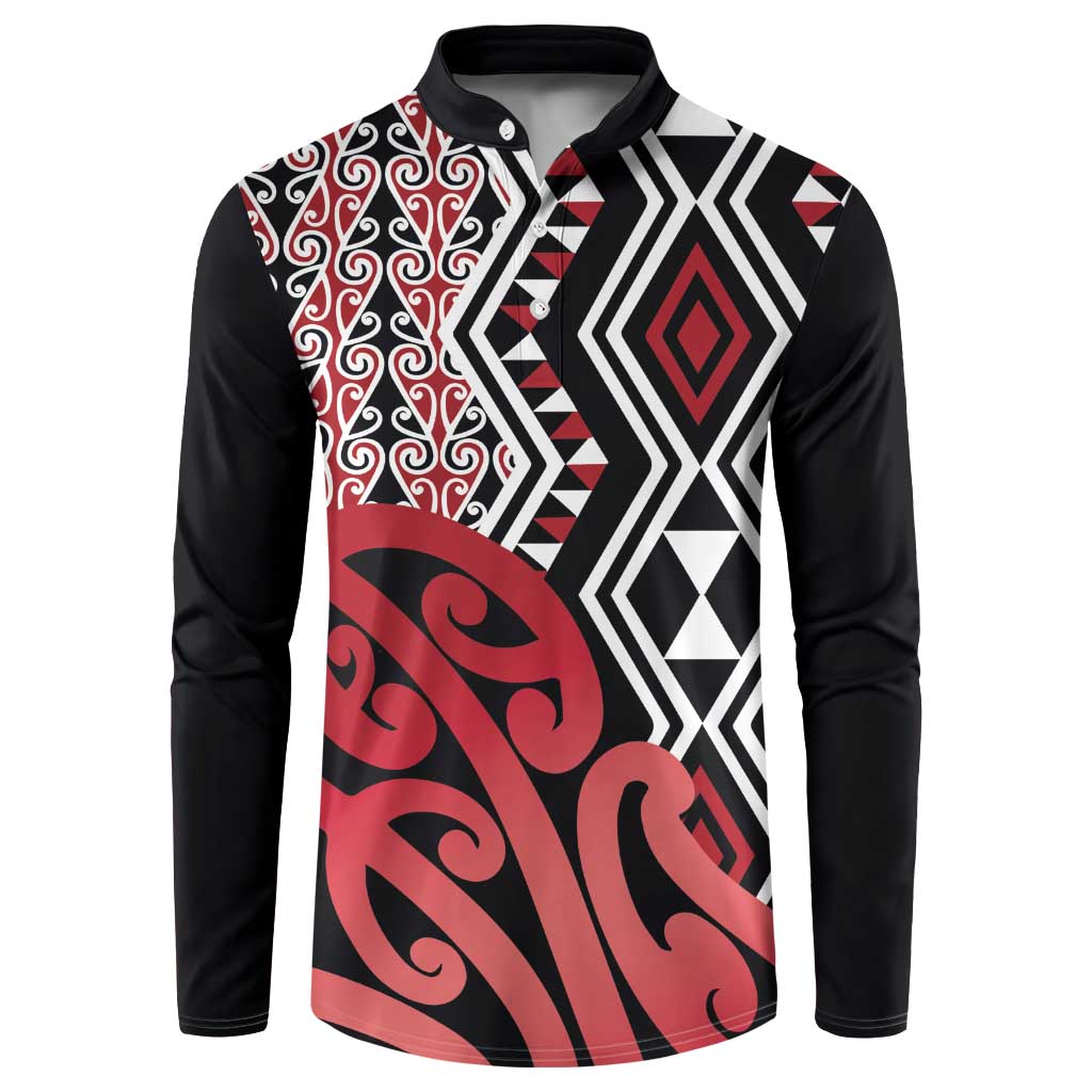 New Zealand Button Sweatshirt Aotearoa Kowhaiwhai Mix Taniko Art - Red LT14 Red - Polynesian Pride