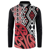 New Zealand Button Sweatshirt Aotearoa Kowhaiwhai Mix Taniko Art - Red LT14 Red - Polynesian Pride