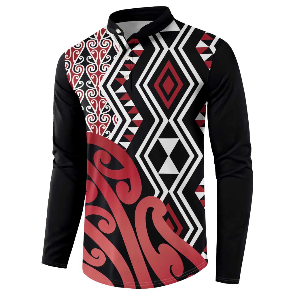 New Zealand Button Sweatshirt Aotearoa Kowhaiwhai Mix Taniko Art - Red LT14 - Polynesian Pride