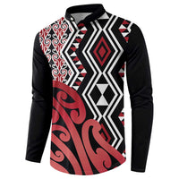 New Zealand Button Sweatshirt Aotearoa Kowhaiwhai Mix Taniko Art - Red LT14 - Polynesian Pride