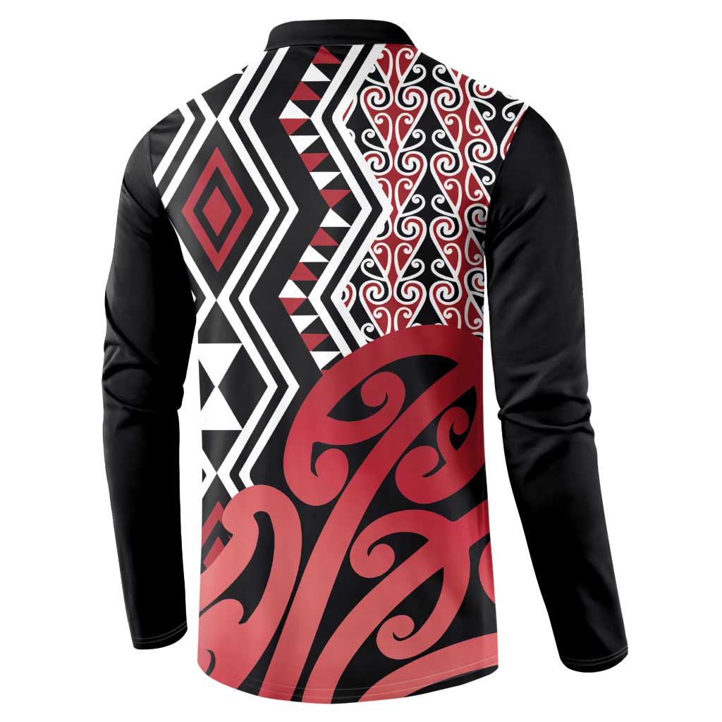 New Zealand Button Sweatshirt Aotearoa Kowhaiwhai Mix Taniko Art - Red LT14 - Polynesian Pride