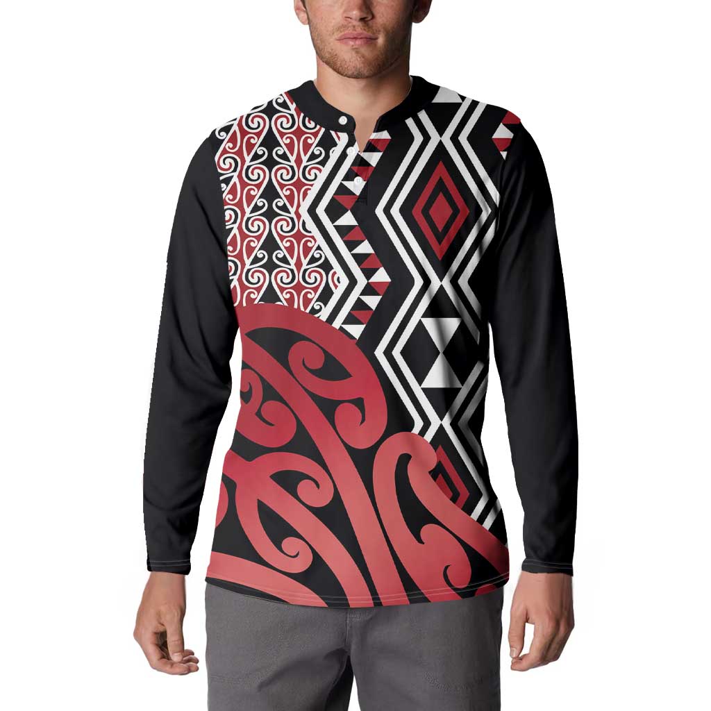 New Zealand Button Sweatshirt Aotearoa Kowhaiwhai Mix Taniko Art - Red LT14 - Polynesian Pride