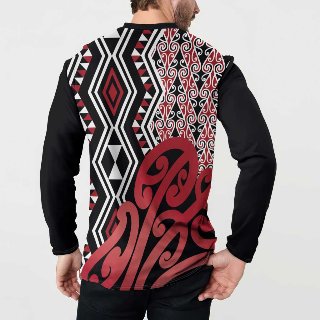 New Zealand Button Sweatshirt Aotearoa Kowhaiwhai Mix Taniko Art - Red LT14 - Polynesian Pride