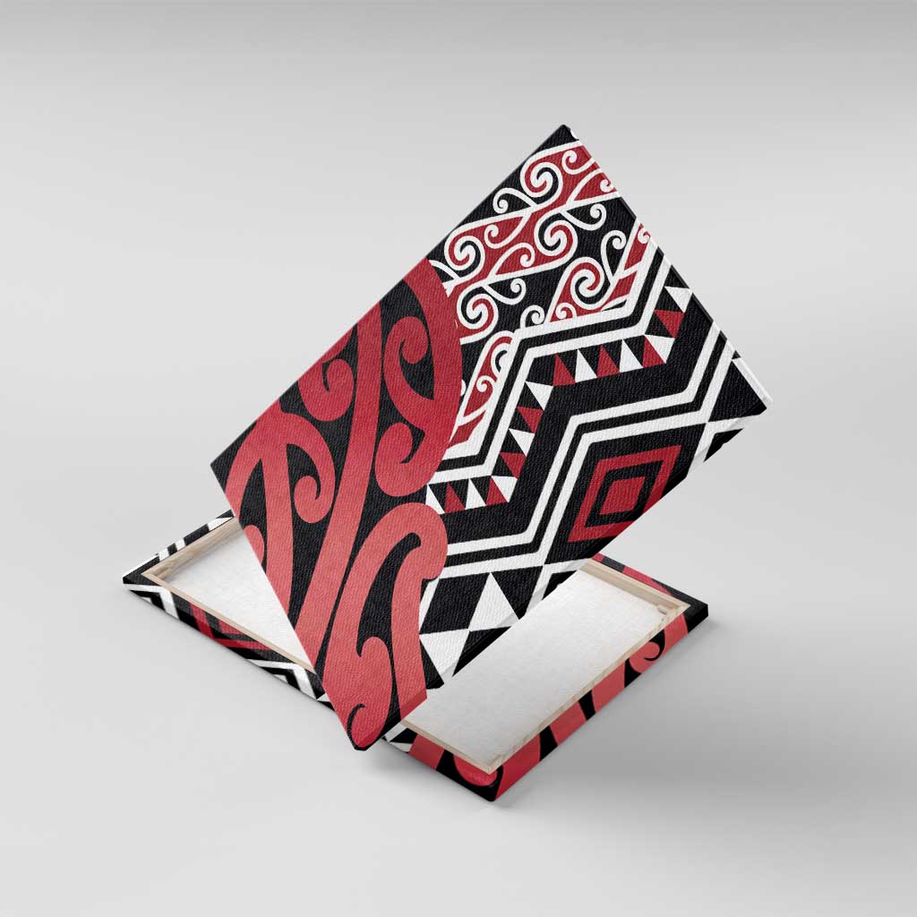 New Zealand Canvas Wall Art Aotearoa Kowhaiwhai Mix Taniko Art - Red LT14 With Frame Red - Polynesian Pride