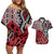 New Zealand Couples Matching Off Shoulder Short Dress and Hawaiian Shirt Aotearoa Kowhaiwhai Mix Taniko Art - Red