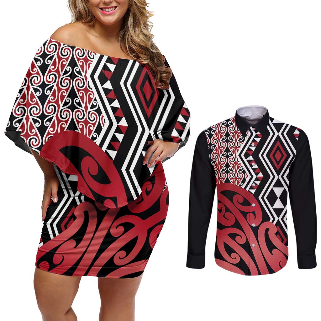 New Zealand Couples Matching Off Shoulder Short Dress and Long Sleeve Button Shirt Aotearoa Kowhaiwhai Mix Taniko Art - Red LT14 Red - Polynesian Pride