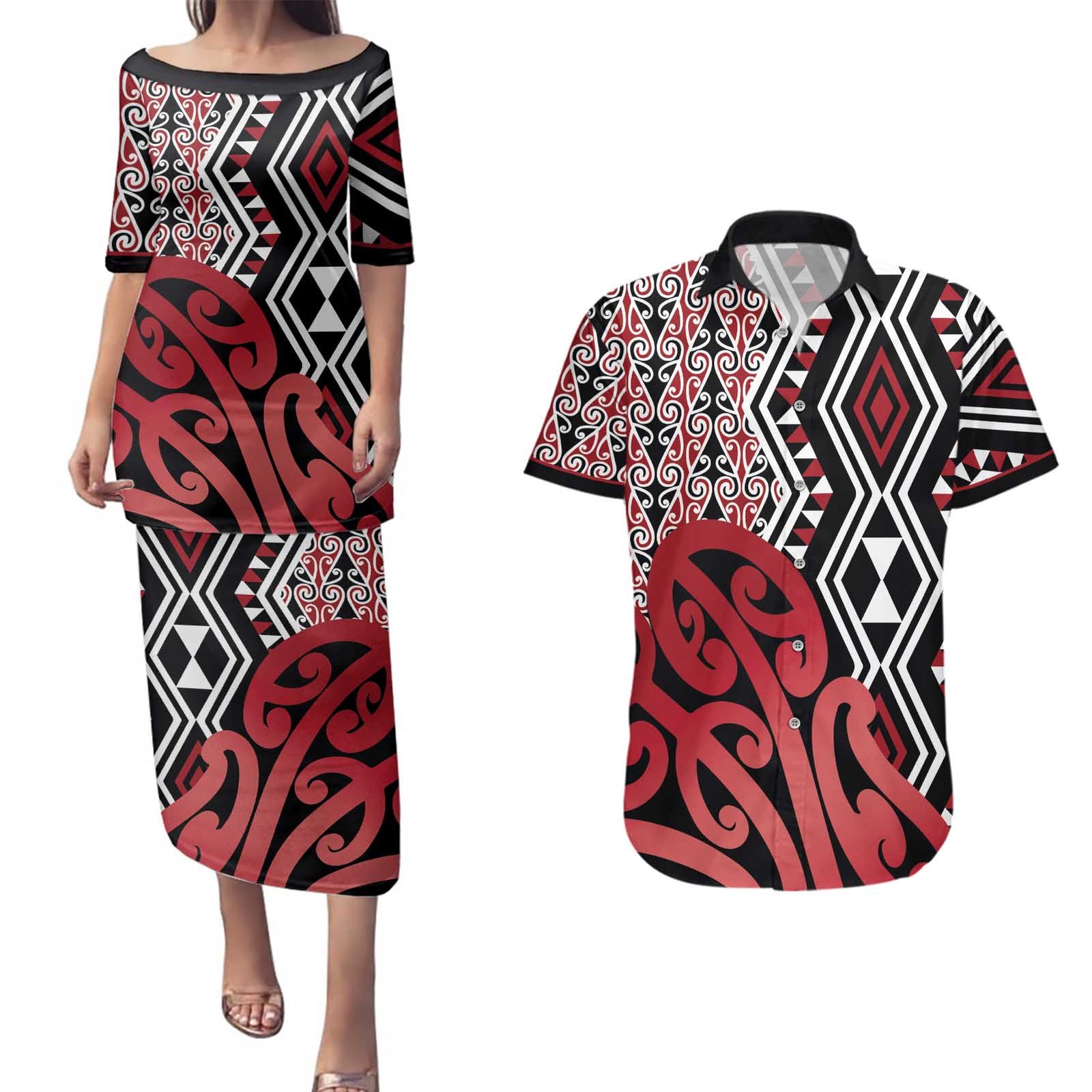New Zealand Couples Matching Puletasi and Hawaiian Shirt Aotearoa Kowhaiwhai Mix Taniko Art - Red LT14 Red - Polynesian Pride