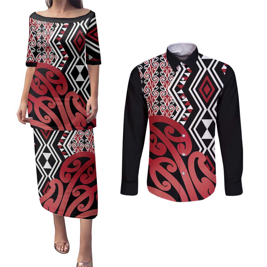 New Zealand Couples Matching Puletasi and Long Sleeve Button Shirt Aotearoa Kowhaiwhai Mix Taniko Art - Red