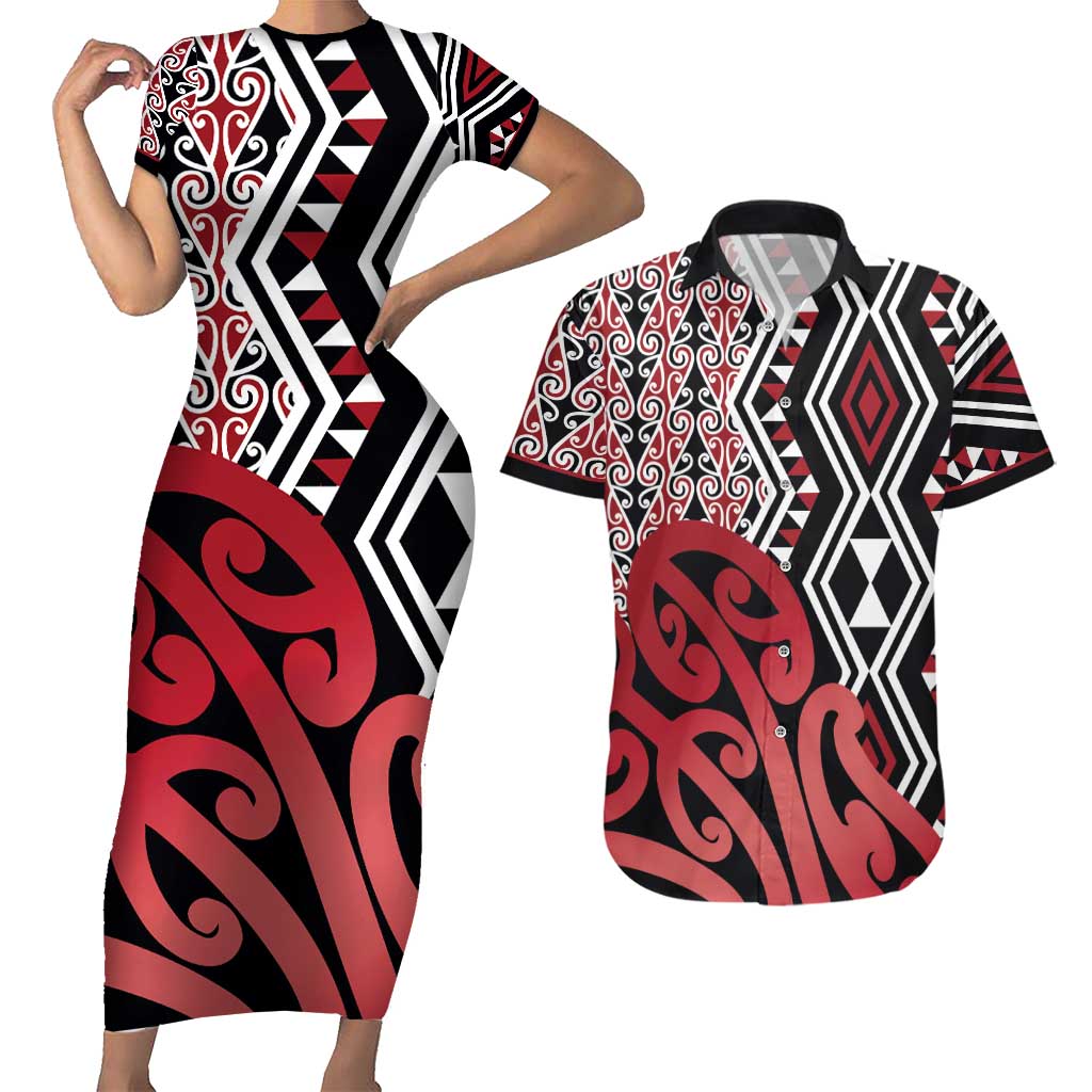 New Zealand Couples Matching Short Sleeve Bodycon Dress and Hawaiian Shirt Aotearoa Kowhaiwhai Mix Taniko Art - Red LT14 Red - Polynesian Pride