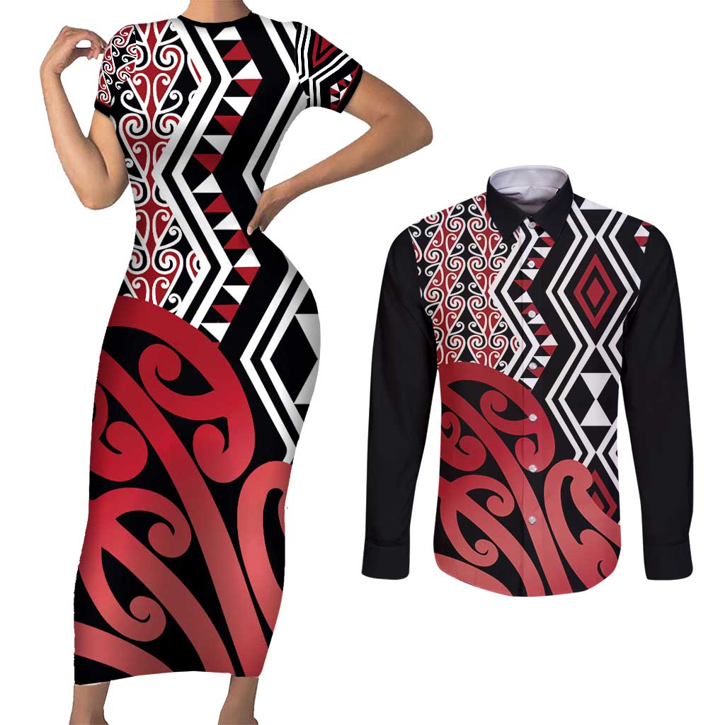 New Zealand Couples Matching Short Sleeve Bodycon Dress and Long Sleeve Button Shirt Aotearoa Kowhaiwhai Mix Taniko Art - Red LT14 Red - Polynesian Pride