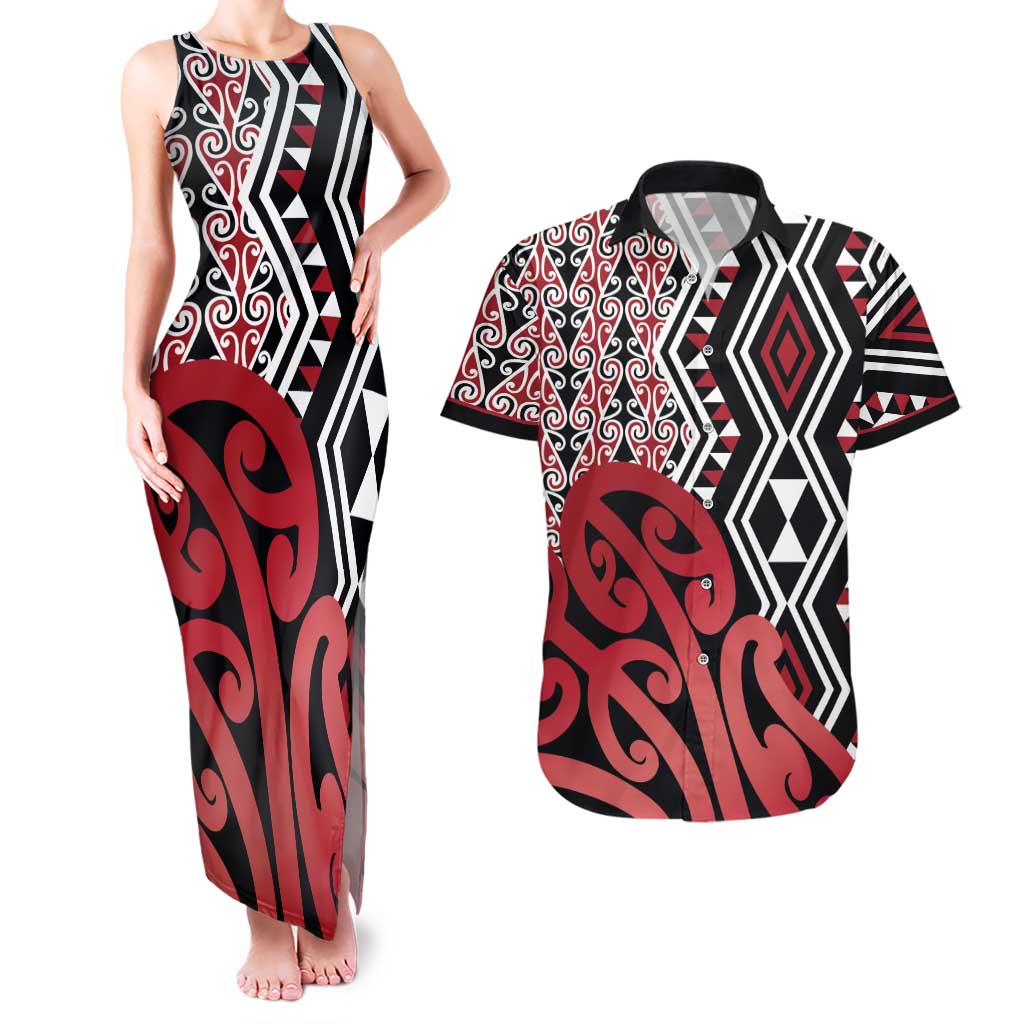 New Zealand Couples Matching Tank Maxi Dress and Hawaiian Shirt Aotearoa Kowhaiwhai Mix Taniko Art - Red LT14 Red - Polynesian Pride