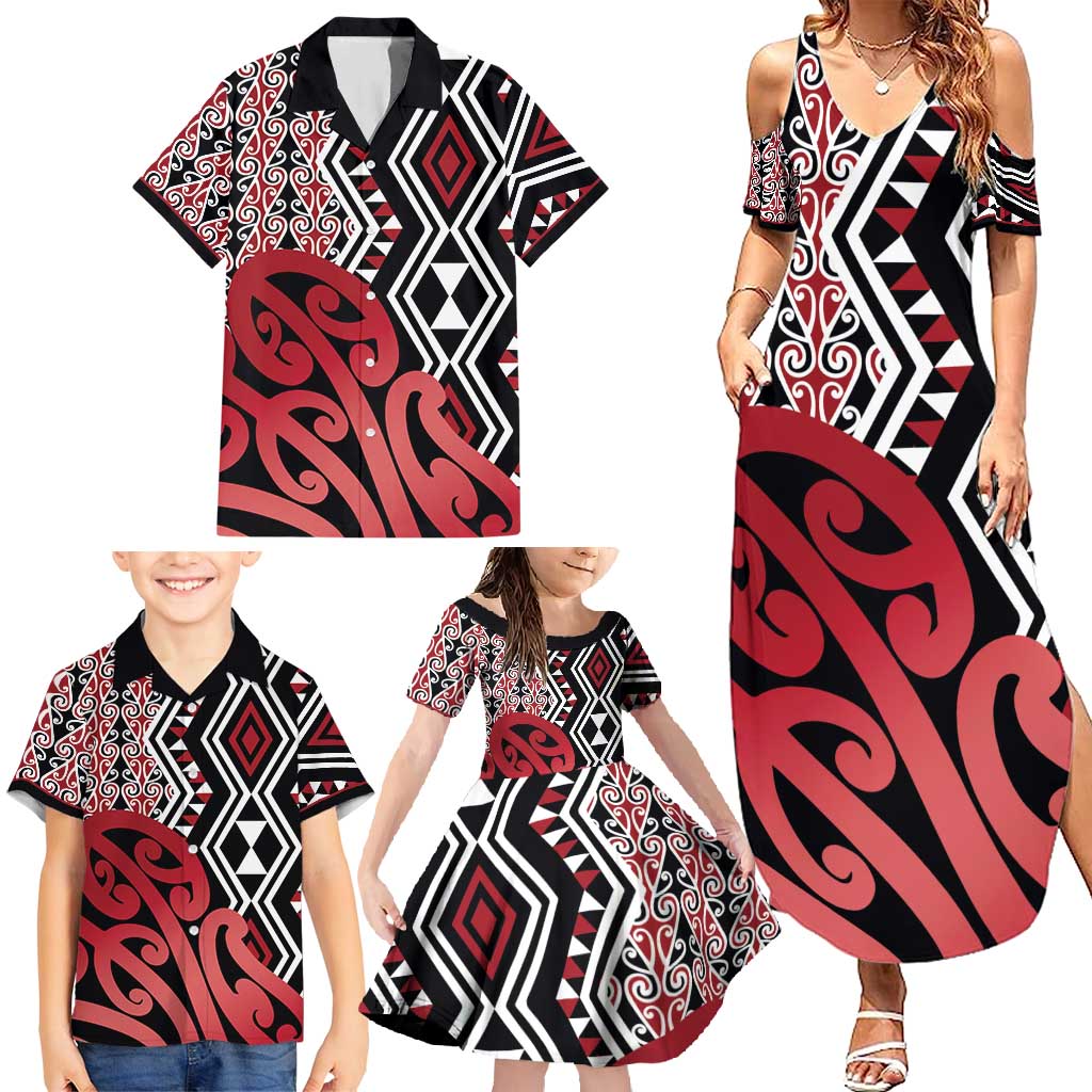 New Zealand Family Matching Summer Maxi Dress and Hawaiian Shirt Aotearoa Kowhaiwhai Mix Taniko Art - Red