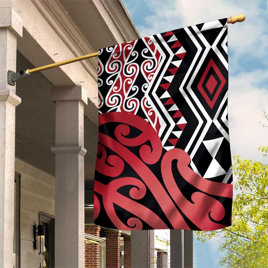 New Zealand Garden Flag Aotearoa Kowhaiwhai Mix Taniko Art - Red LT14 House Flag Red - Polynesian Pride