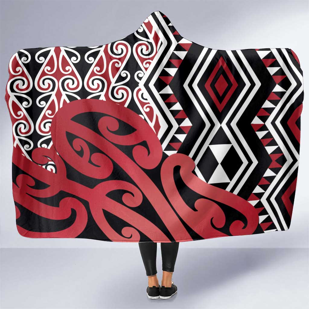 New Zealand Hooded Blanket Aotearoa Kowhaiwhai Mix Taniko Art - Red LT14 One Size Red - Polynesian Pride