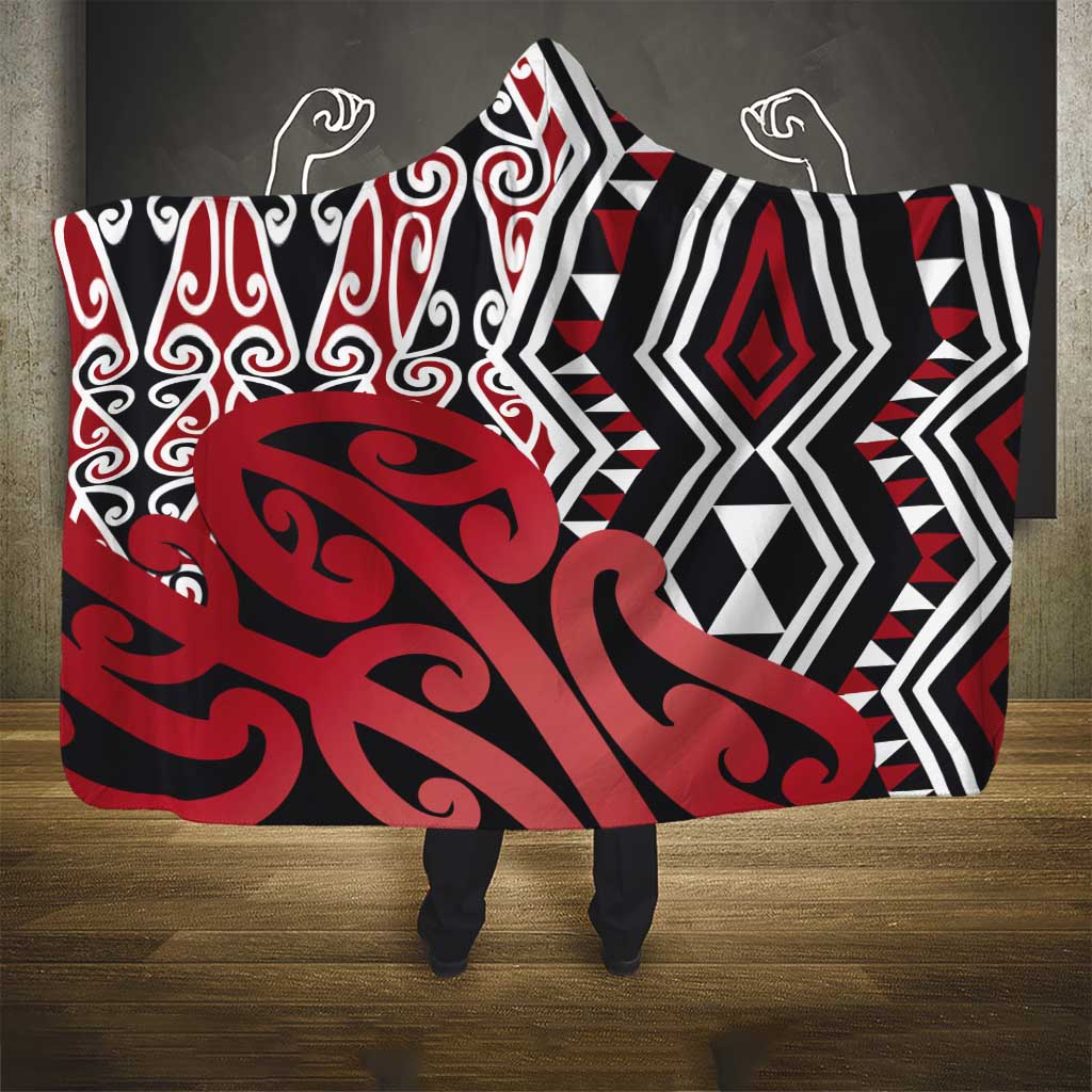 New Zealand Hooded Blanket Aotearoa Kowhaiwhai Mix Taniko Art - Red LT14 - Polynesian Pride