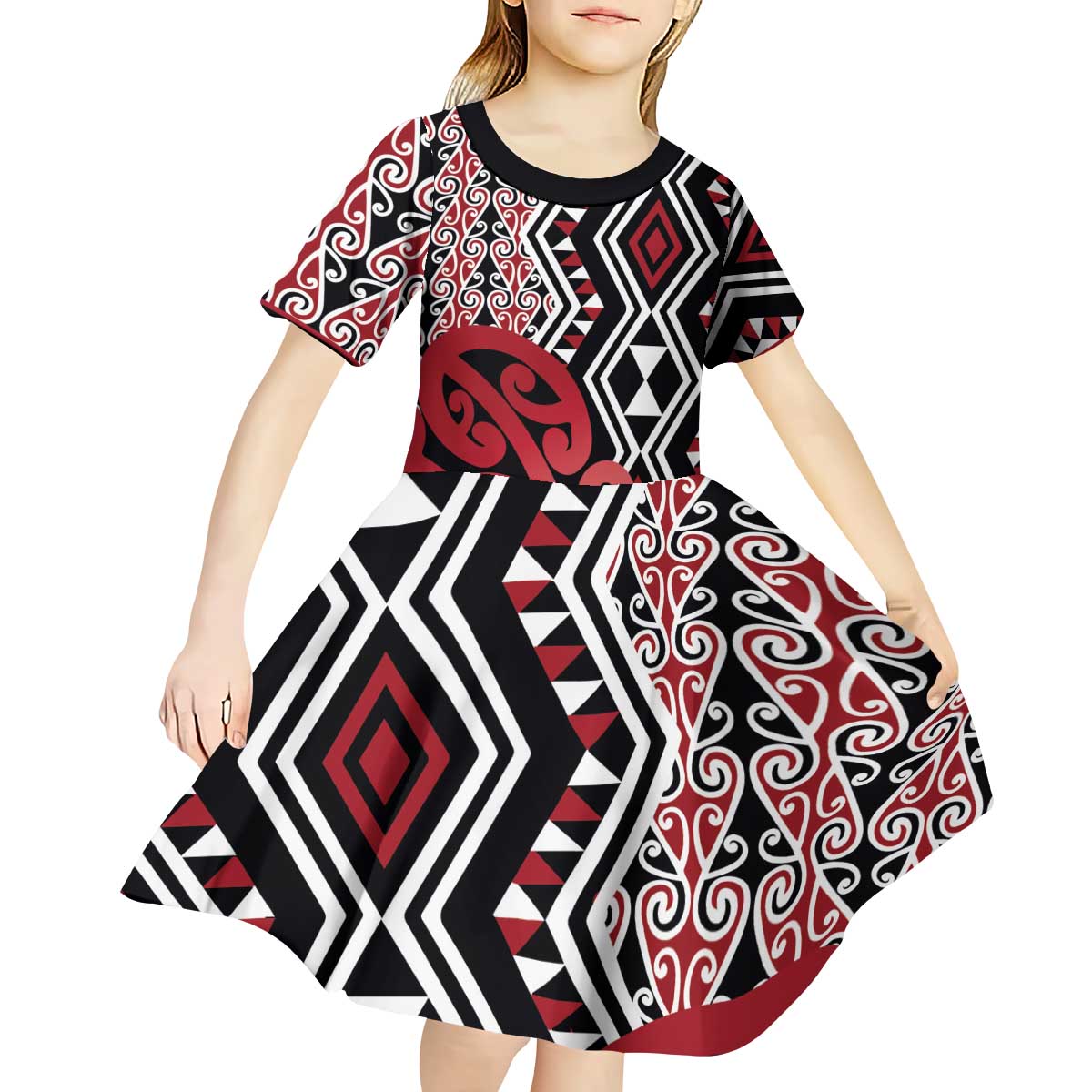 New Zealand Kid Short Sleeve Dress Aotearoa Kowhaiwhai Mix Taniko Art - Red