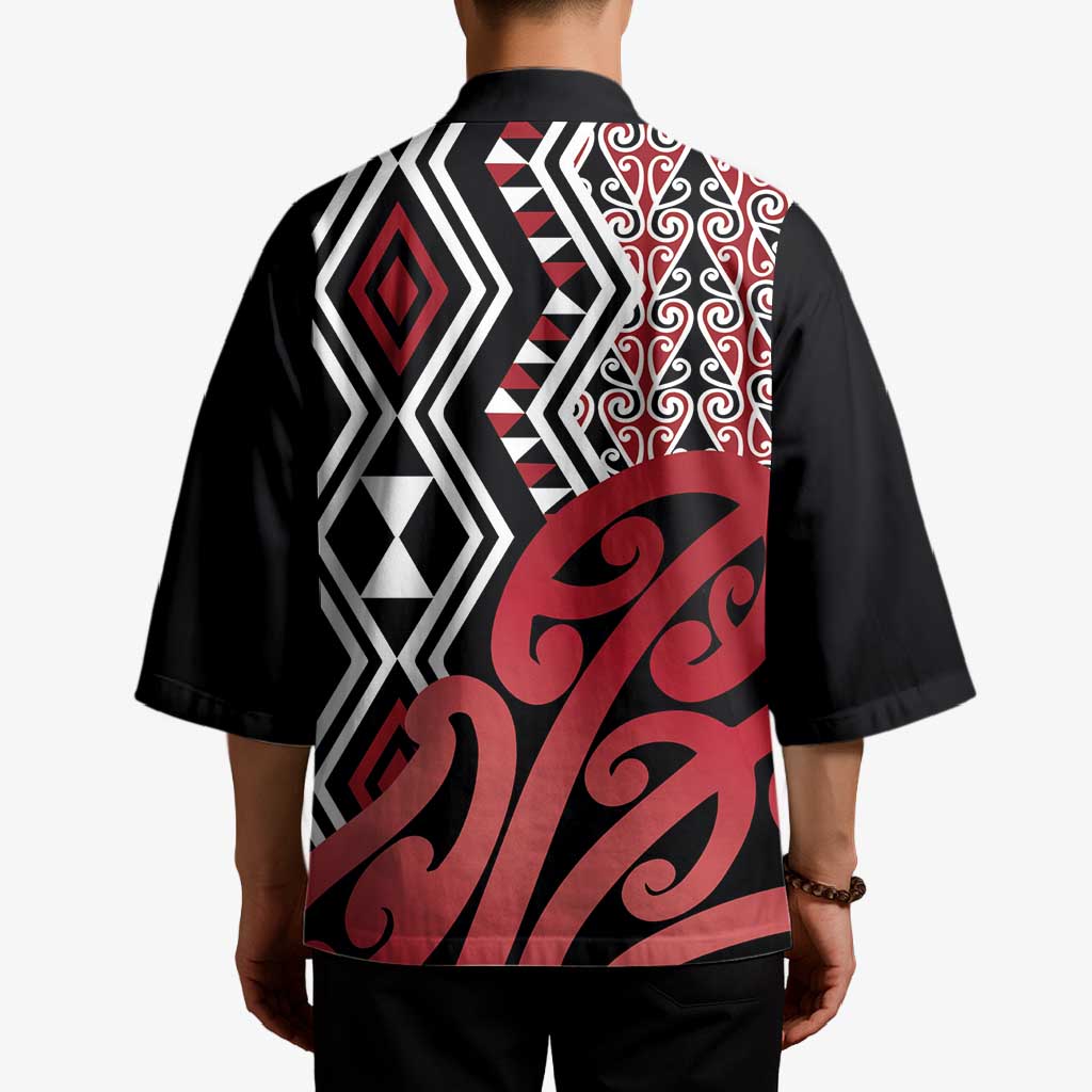 New Zealand Kimono Aotearoa Kowhaiwhai Mix Taniko Art - Red - Polynesian Pride