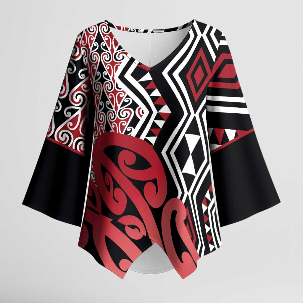 New Zealand Kimono Sleeve Blouse Aotearoa Kowhaiwhai Mix Taniko Art - Red - Polynesian Pride
