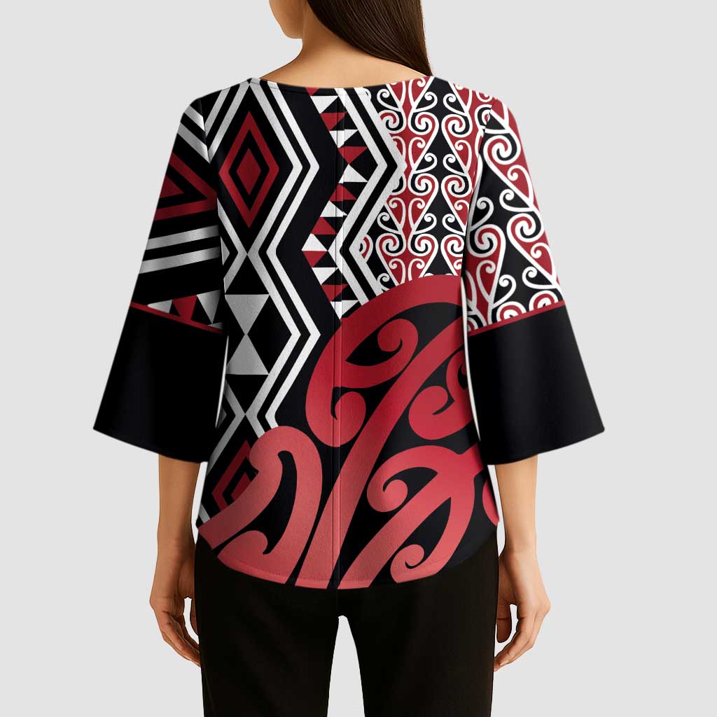 New Zealand Kimono Sleeve Blouse Aotearoa Kowhaiwhai Mix Taniko Art - Red - Polynesian Pride