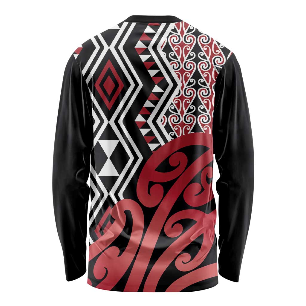 New Zealand Long Sleeve Shirt Aotearoa Kowhaiwhai Mix Taniko Art - Red