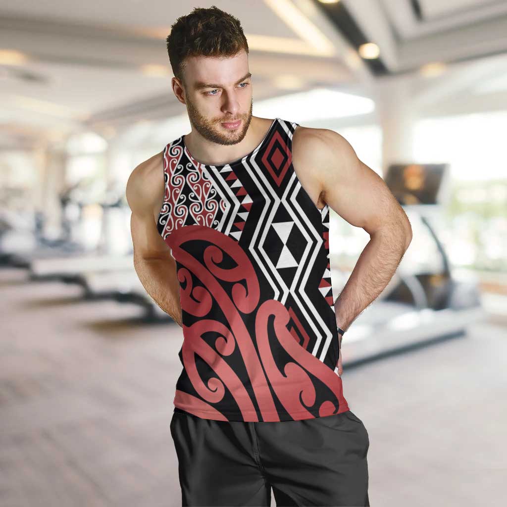 New Zealand Men Tank Top Aotearoa Kowhaiwhai Mix Taniko Art - Red LT14 Red - Polynesian Pride