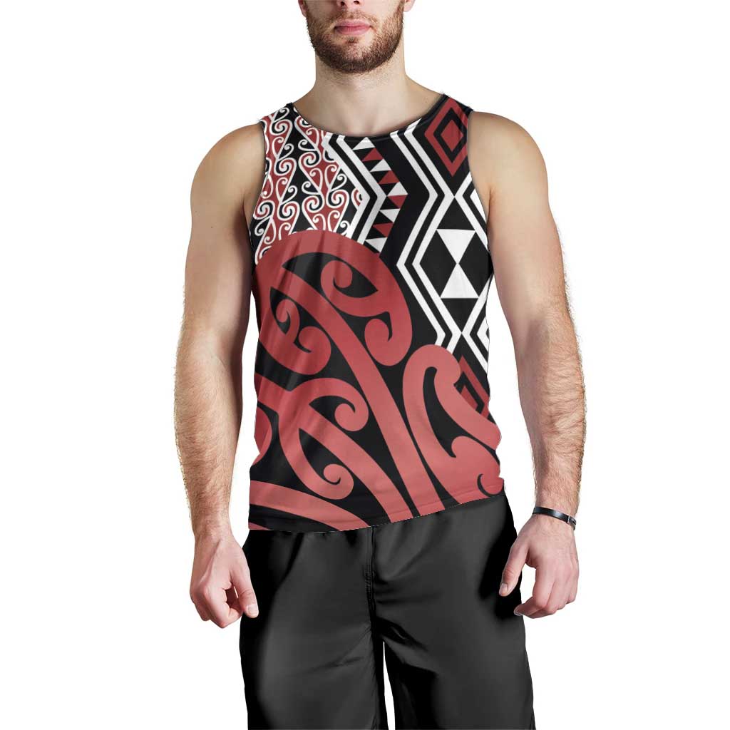 New Zealand Men Tank Top Aotearoa Kowhaiwhai Mix Taniko Art - Red LT14 - Polynesian Pride