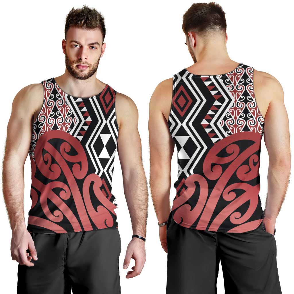 New Zealand Men Tank Top Aotearoa Kowhaiwhai Mix Taniko Art - Red LT14 - Polynesian Pride