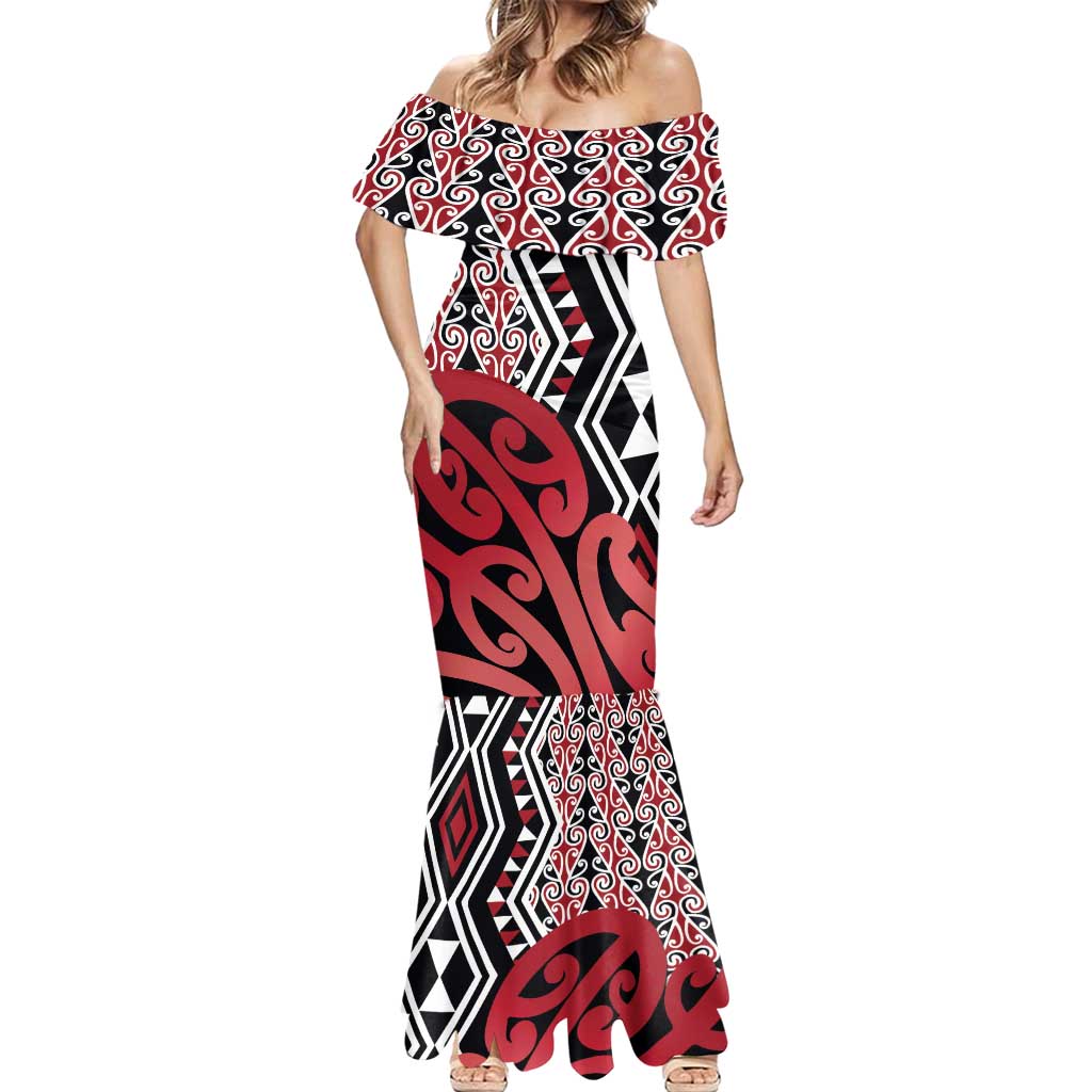New Zealand Mermaid Dress Aotearoa Kowhaiwhai Mix Taniko Art - Red