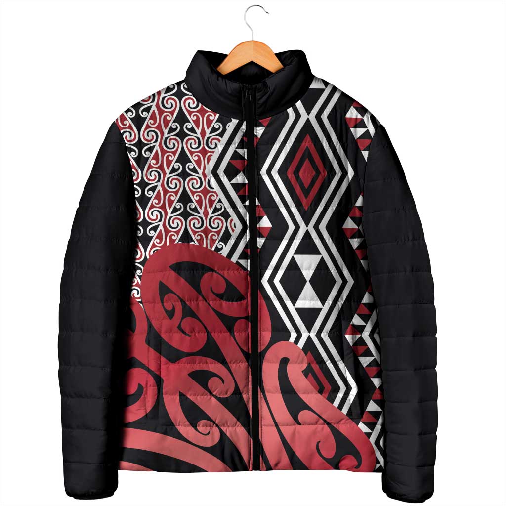 New Zealand Padded Jacket Aotearoa Kowhaiwhai Mix Taniko Art - Red - Polynesian Pride