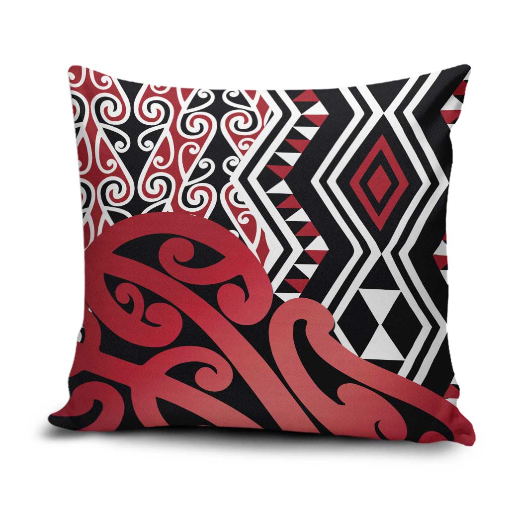 New Zealand Pillow Cover Aotearoa Kowhaiwhai Mix Taniko Art - Red - Polynesian Pride