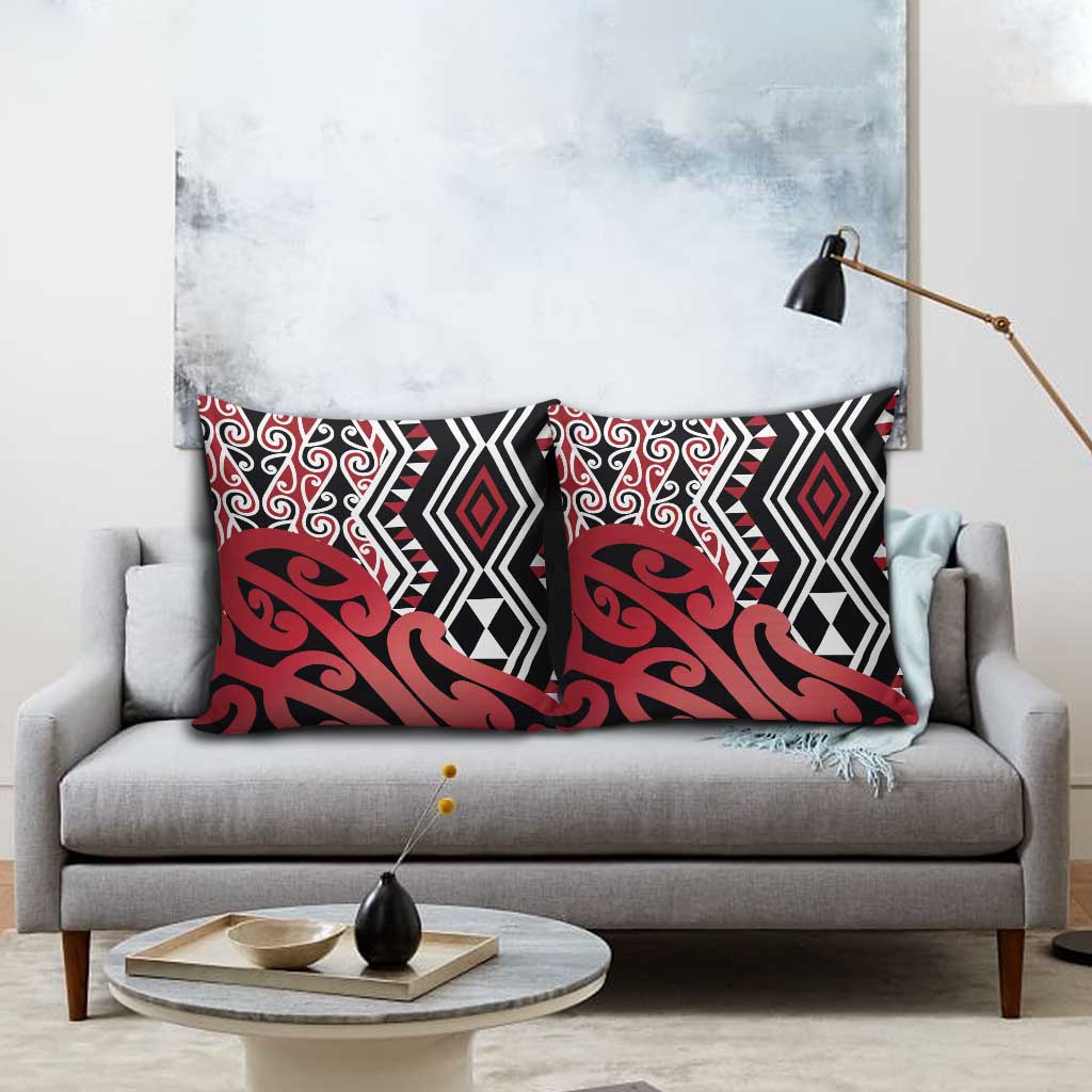 New Zealand Pillow Cover Aotearoa Kowhaiwhai Mix Taniko Art - Red - Polynesian Pride