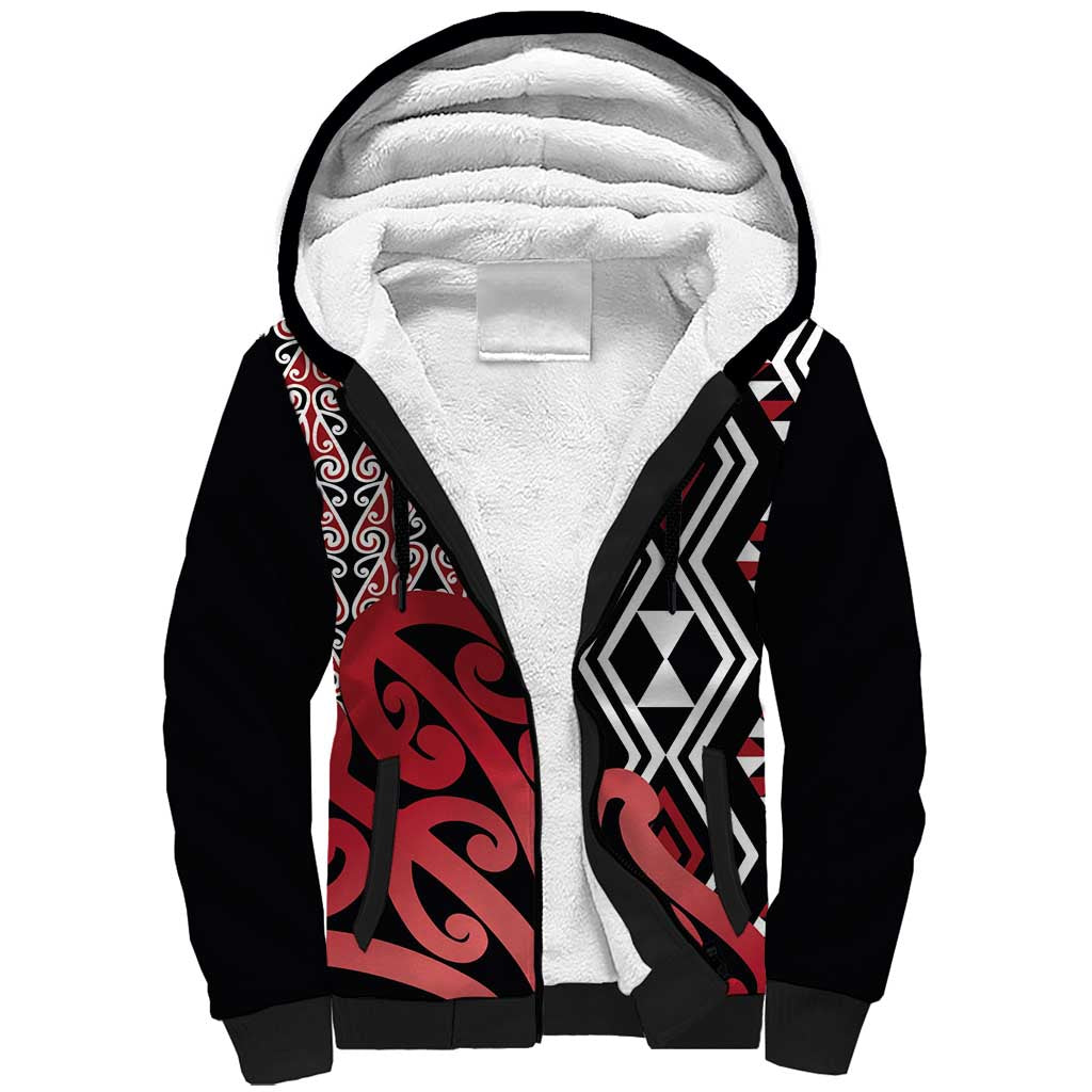 New Zealand Sherpa Hoodie Aotearoa Kowhaiwhai Mix Taniko Art - Red LT14 Unisex Red - Polynesian Pride