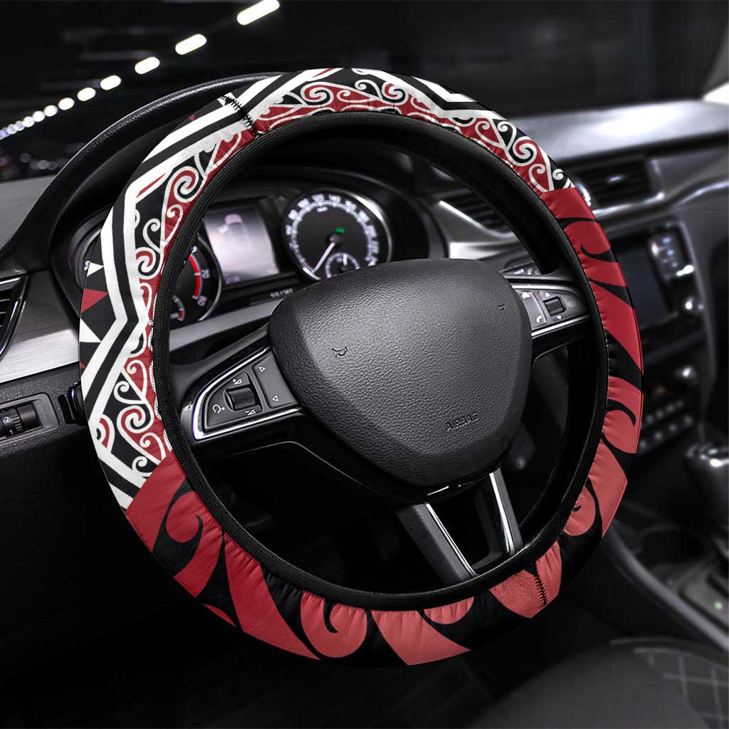 New Zealand Steering Wheel Cover Aotearoa Kowhaiwhai Mix Taniko Art - Red