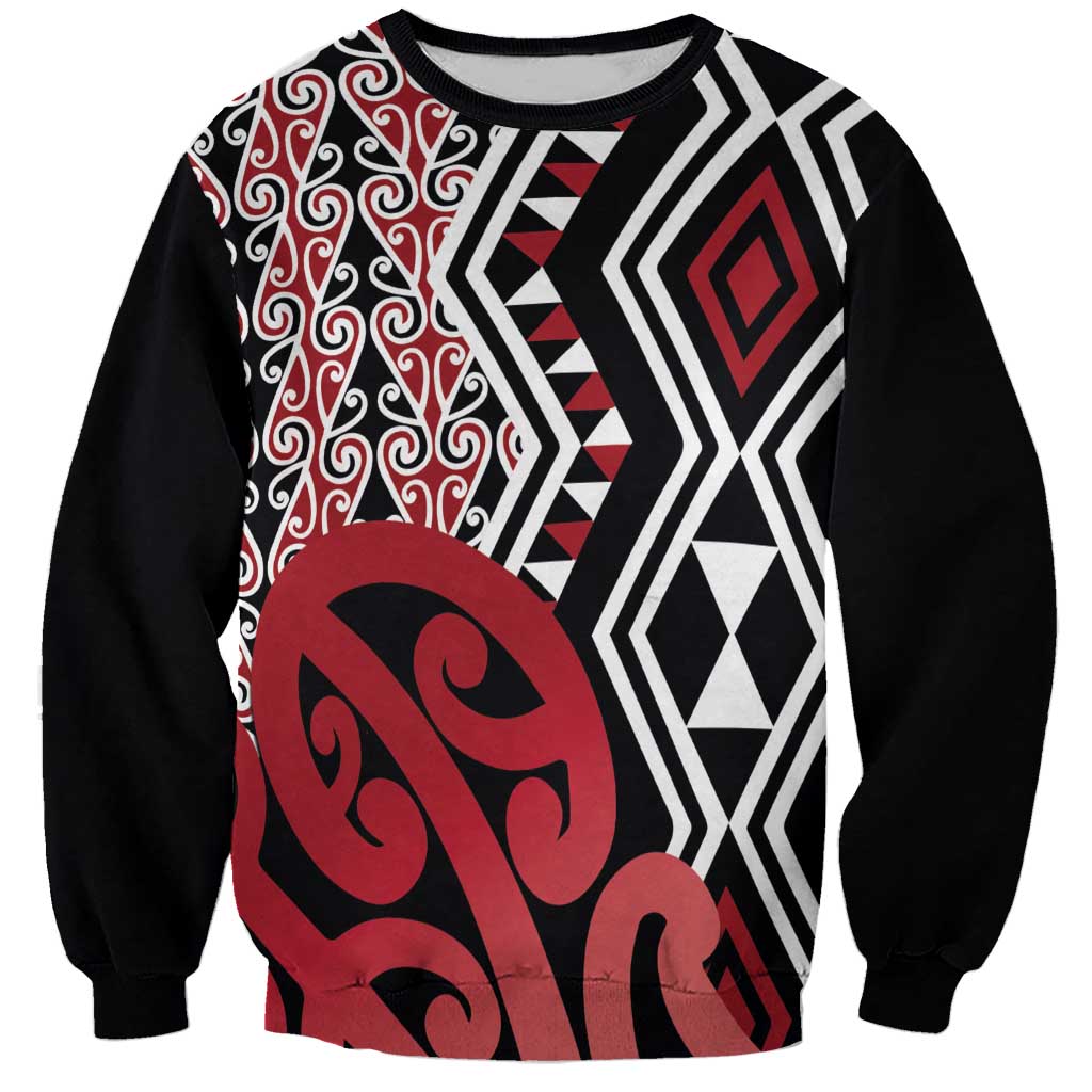 New Zealand Sweatshirt Aotearoa Kowhaiwhai Mix Taniko Art - Red LT14 Unisex Red - Polynesian Pride