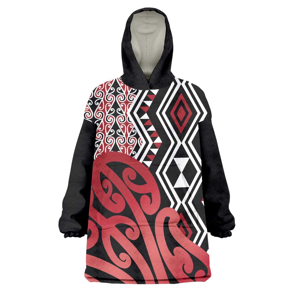 New Zealand Wearable Blanket Hoodie Aotearoa Kowhaiwhai Mix Taniko Art - Red LT14 One Size Red - Polynesian Pride