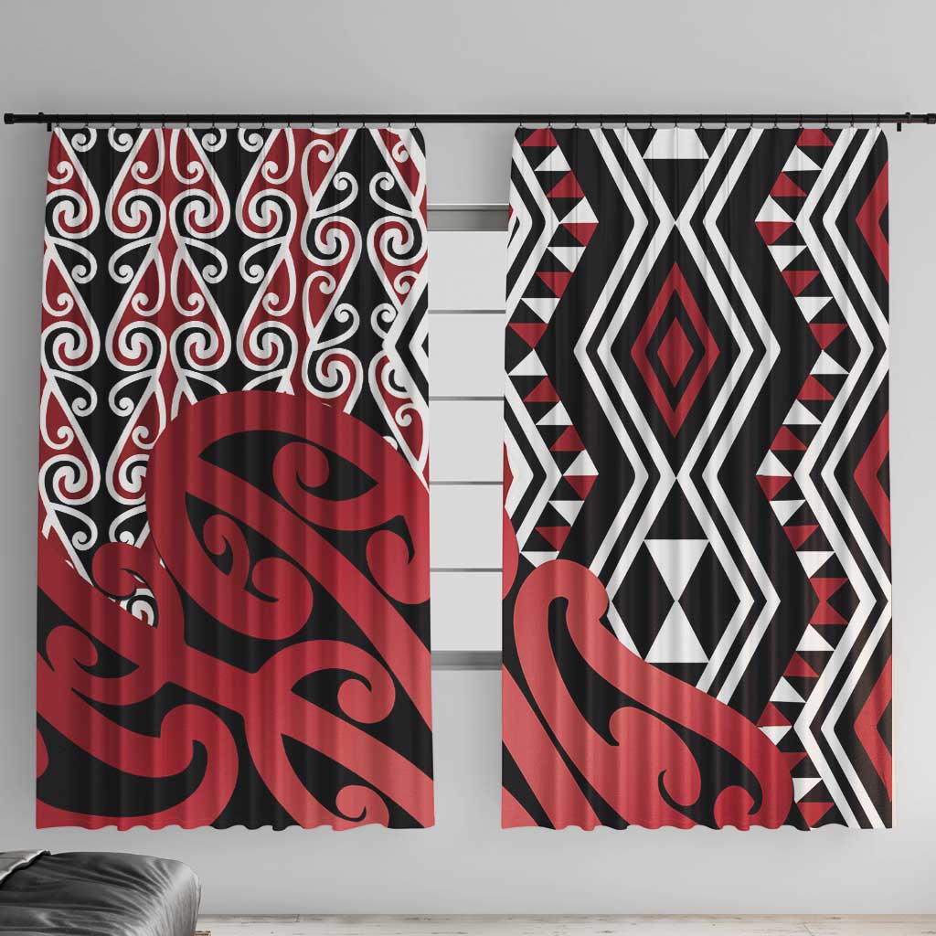 New Zealand Window Curtain Aotearoa Kowhaiwhai Mix Taniko Art - Red LT14 With Hooks Red - Polynesian Pride