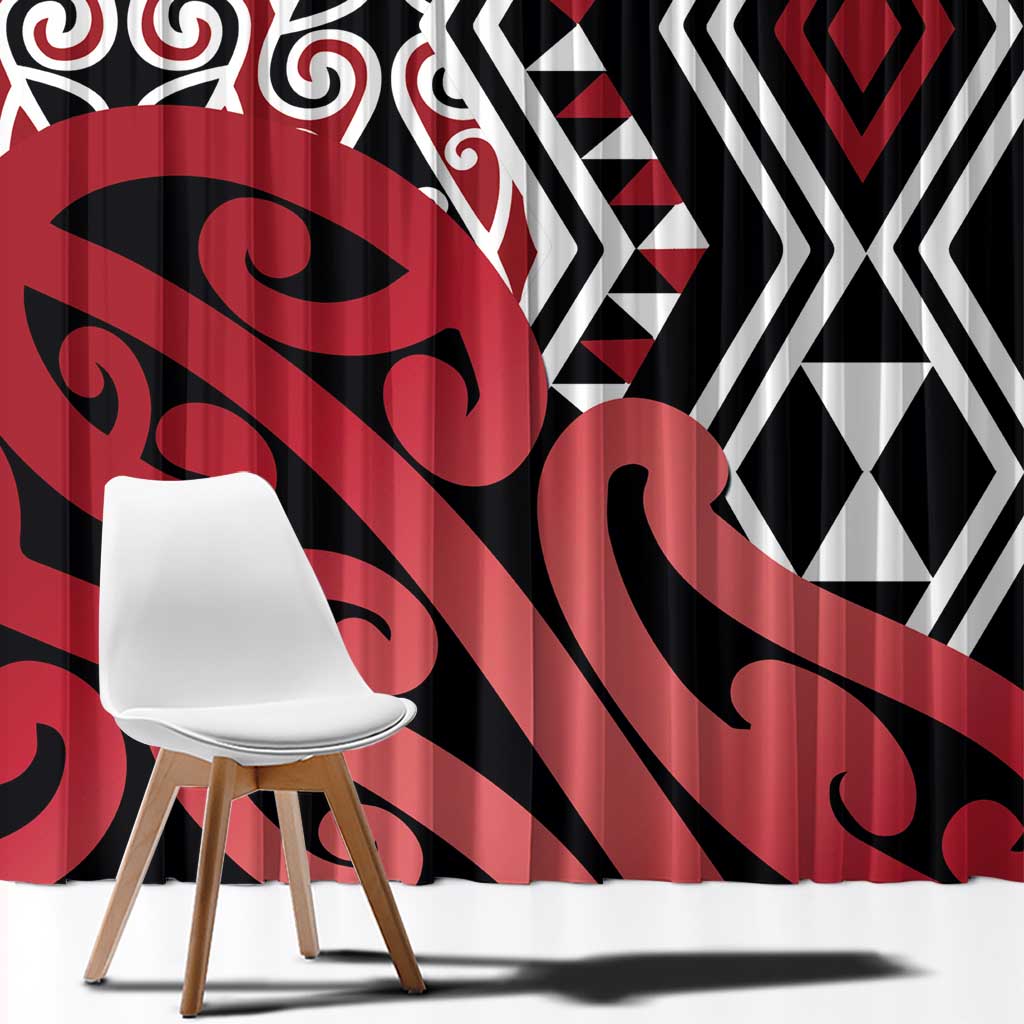 New Zealand Window Curtain Aotearoa Kowhaiwhai Mix Taniko Art - Red LT14 - Polynesian Pride