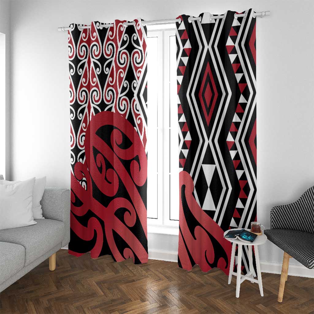 New Zealand Window Curtain Aotearoa Kowhaiwhai Mix Taniko Art - Red LT14 With Grommets Red - Polynesian Pride