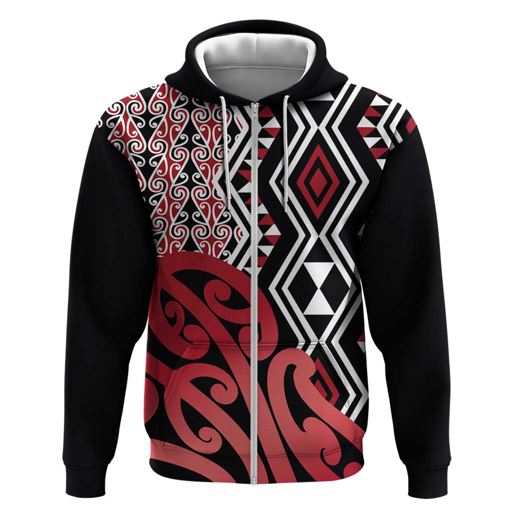 New Zealand Zip Hoodie Aotearoa Kowhaiwhai Mix Taniko Art - Red