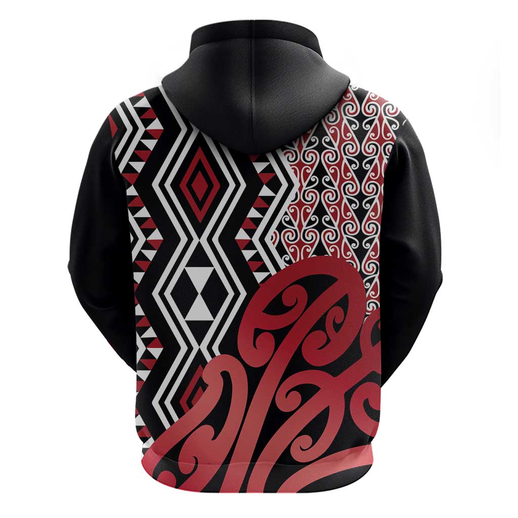 New Zealand Zip Hoodie Aotearoa Kowhaiwhai Mix Taniko Art - Red