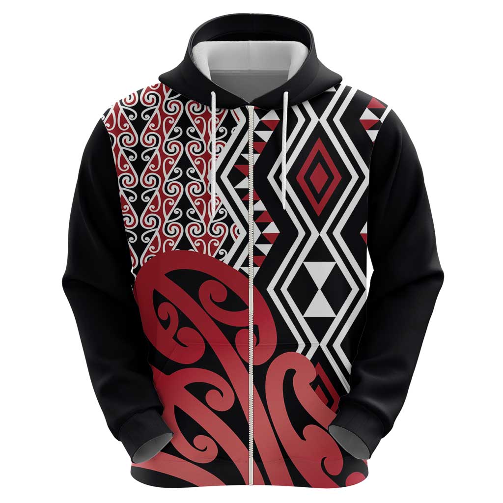 New Zealand Zip Hoodie Aotearoa Kowhaiwhai Mix Taniko Art - Red