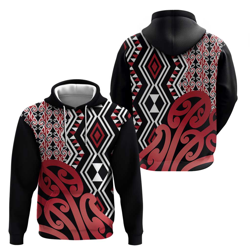 New Zealand Zip Hoodie Aotearoa Kowhaiwhai Mix Taniko Art - Red