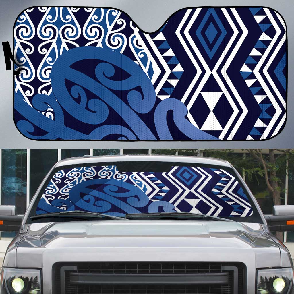 New Zealand Auto Sun Shade Aotearoa Kowhaiwhai Mix Taniko Art - Blue - Polynesian Pride