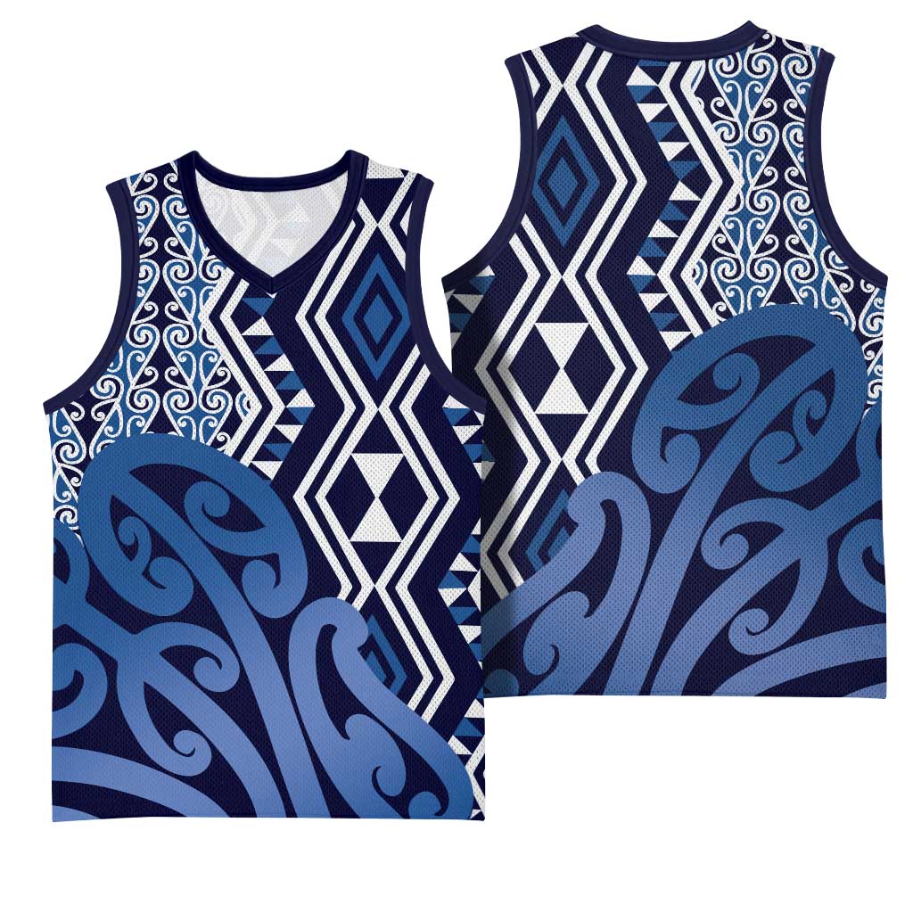 New Zealand Basketball Jersey Aotearoa Kowhaiwhai Mix Taniko Art - Blue - Polynesian Pride